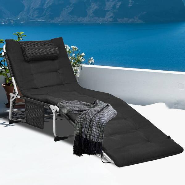 SUNRINX 4Fold Oversize Metal Outdoor Chaise Lounge with Black Cushions