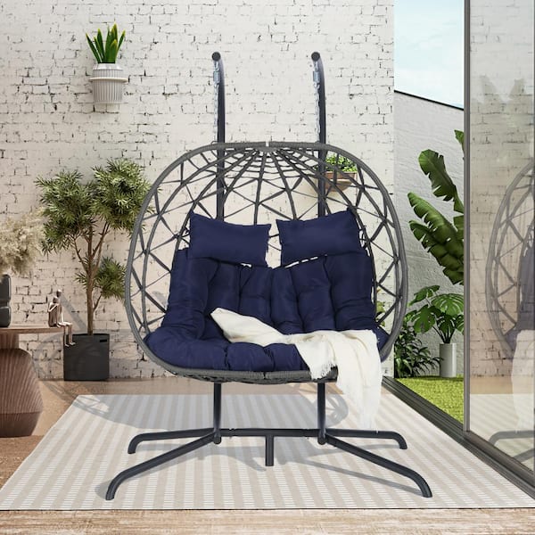 Unbranded 2-Person Outdoor Gray Metal Wicker Porch Swing Egg Chair with Stand and Blue Cushion