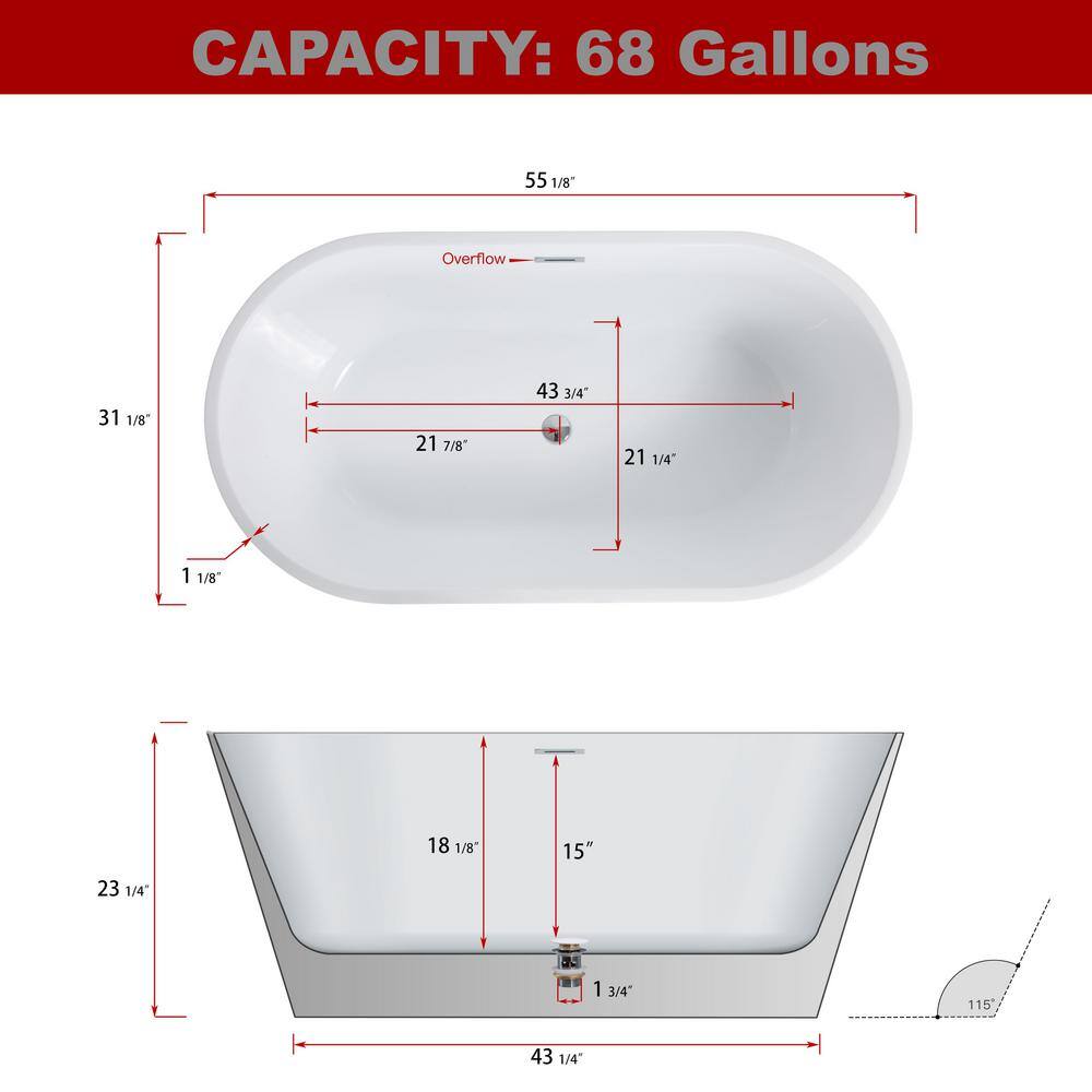 HEATGENE 55" White and Matte Black Acrylic Freestanding Bathtub