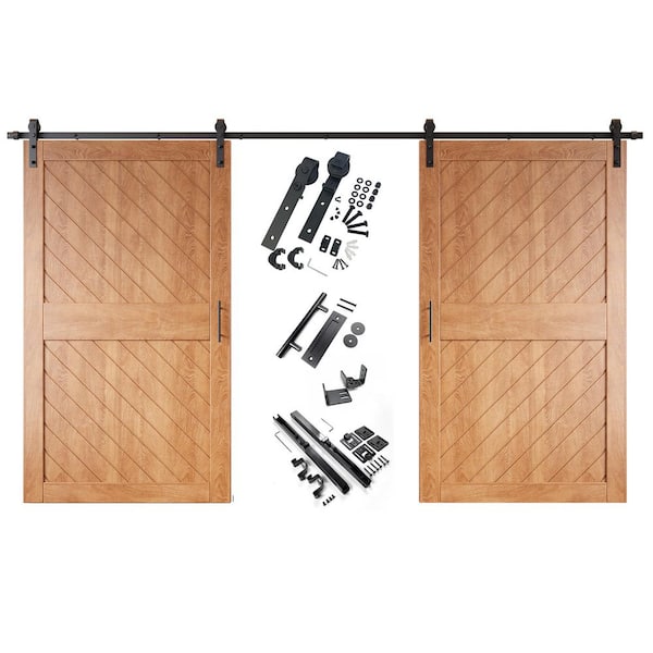 HOMACER XT2 50 in. x 84 in. C-Panel Early American Slanted Stripe Design Double Pine Wood Sliding Barn Door with Hardware Kit
