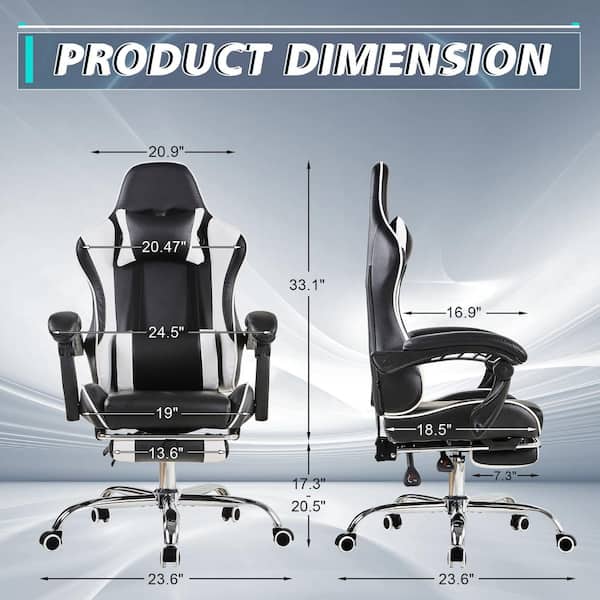 Reclining Gaming Chair Faux Leather Adjustable Height Ergonomic Gaming Chair in Black with Footrest, Lumbar Support