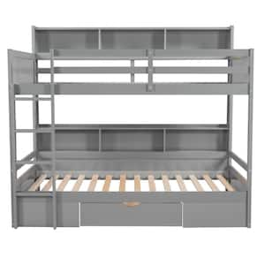 Gray Wood Twin Over Twin Bunk Bed with Storage Drawer and Six Compartments