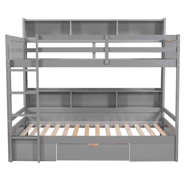 Angel Sar Gray Wood Twin Over Twin Bunk Bed with Storage Drawer and Six Compartments