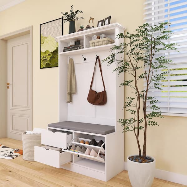 Boosicavelly White 40 in. Wide Hall Tree with Shoe Storage Bench with 4 Sturdy Hooks