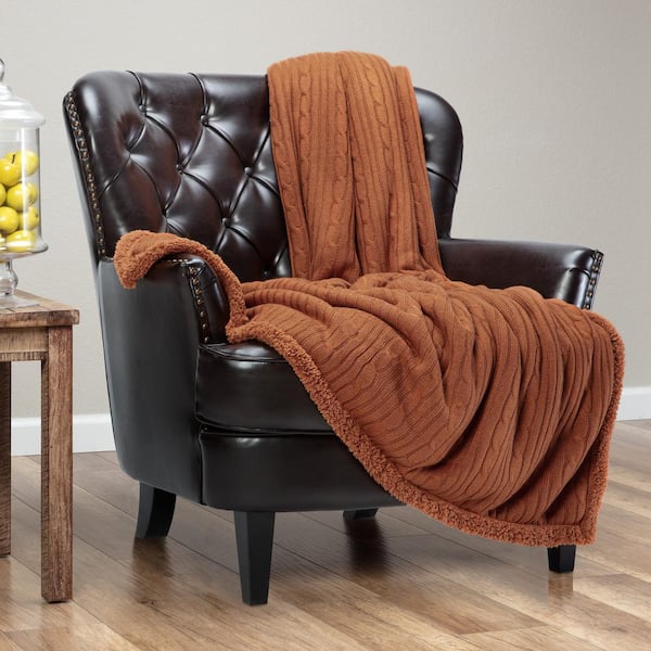 Cable Knit Cashew Polyester Throw Blanket with Reversible Sherpa, 50 x 65 Inches