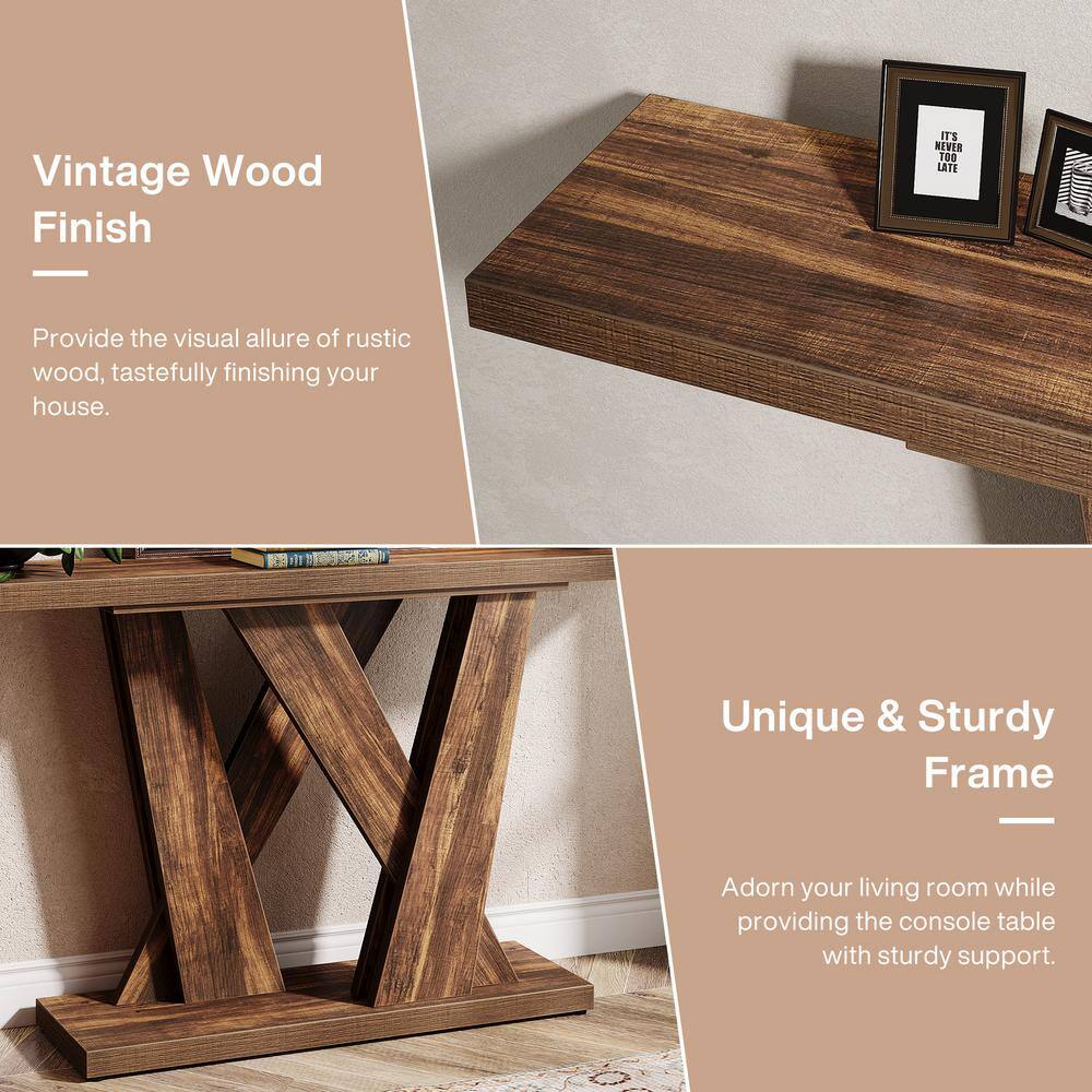 Rustic Brown 55'' Wood Console Table with Geometric Base