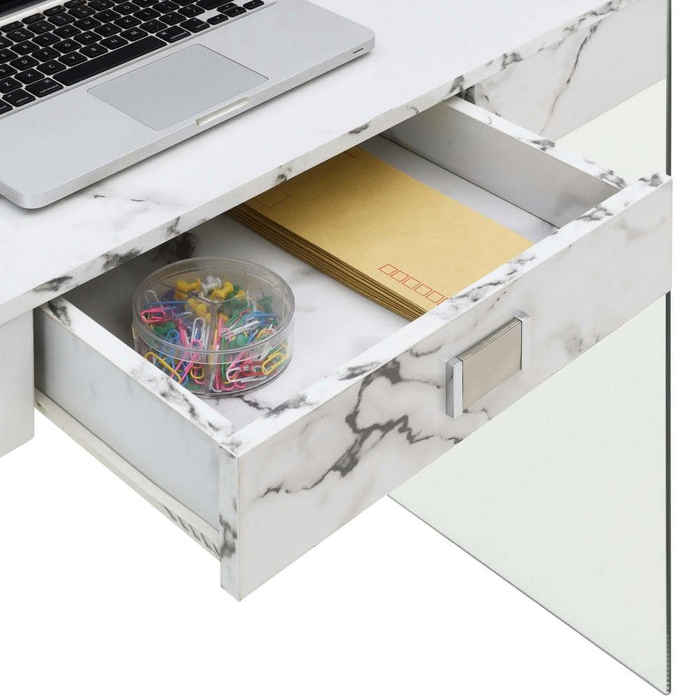 White Faux Marble and Glass Desk with Drawer, 36-inch