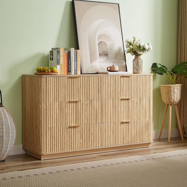 Noble House Relic Modern Brown 6-Drawers 55.12 in. Chest of Drawers with  Metal Handle, Curved Wave Design, Dresser TV Stand, Oak 143153