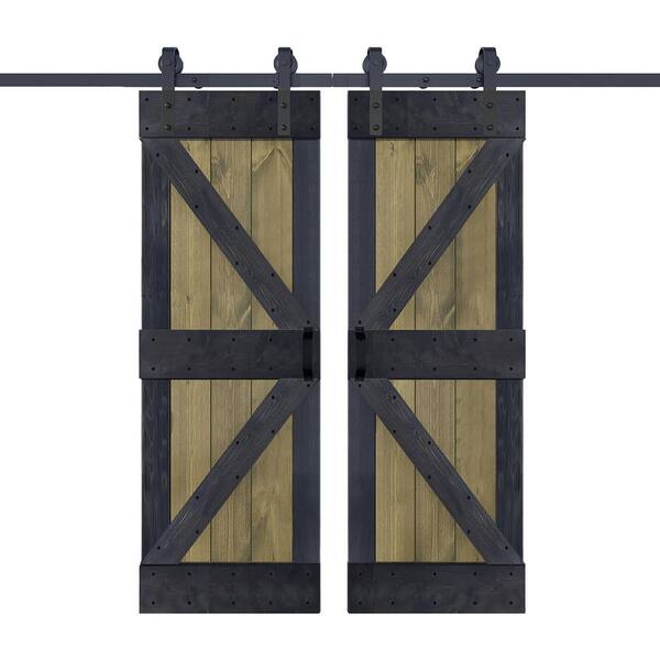ISLIFE K Series 60 in. x 84 in. Aged Barrel/Carbon Gray Finished DIY Solid Wood Double Sliding Barn Door with Hardware Kit