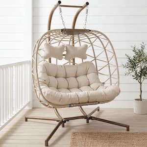 Large 2-Person 700 lbs. Beige Wicker Double Patio Swing Egg Chair with Gold Stand and Beige Cushions