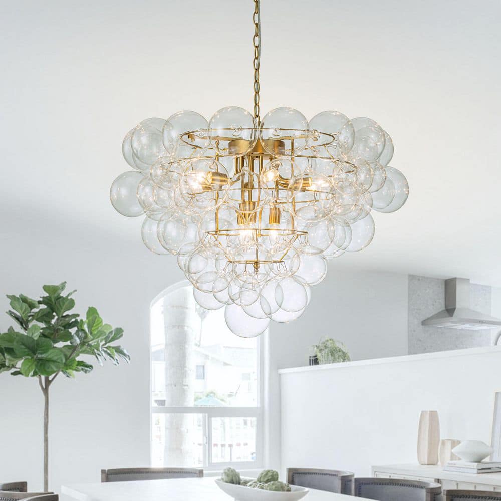 Orbis 9-Light 28 in. W Brushed Gold Chandelier with globe Clear Glass for Living Room and Lobby price history on PriceWatchPro