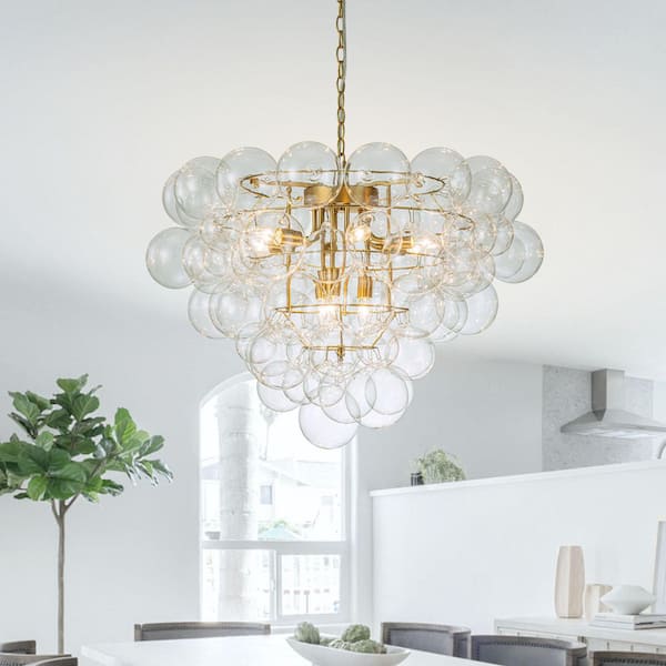 Orbis 9-Light 28 in. W Brushed Gold Chandelier with globe Clear Glass for Living Room and Lobby
