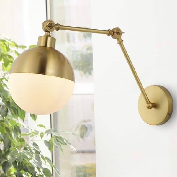 JONATHAN Y Alba 8 in. 1-Light Brass Gold/Frosted Mid-Century Modern Arm- Adjustable Iron/Glass LED Sconce JYL9931A - The Home Depot