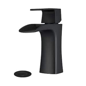 Single Handle Single Hole Waterfall Spout Bathroom Faucet with Drain Assembly in Matte Black