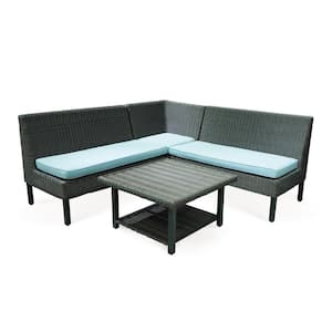 Bergen Dark Brown 4-Piece Wicker Patio Conversation Sectional Seating Set with Dusty Blue Cushions
