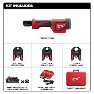 M18 18V Lithium-Ion Cordless Short Throw Press Tool Kit with 3 PEX Crimp Jaws (2) 2.0 Ah Batteries and Charger