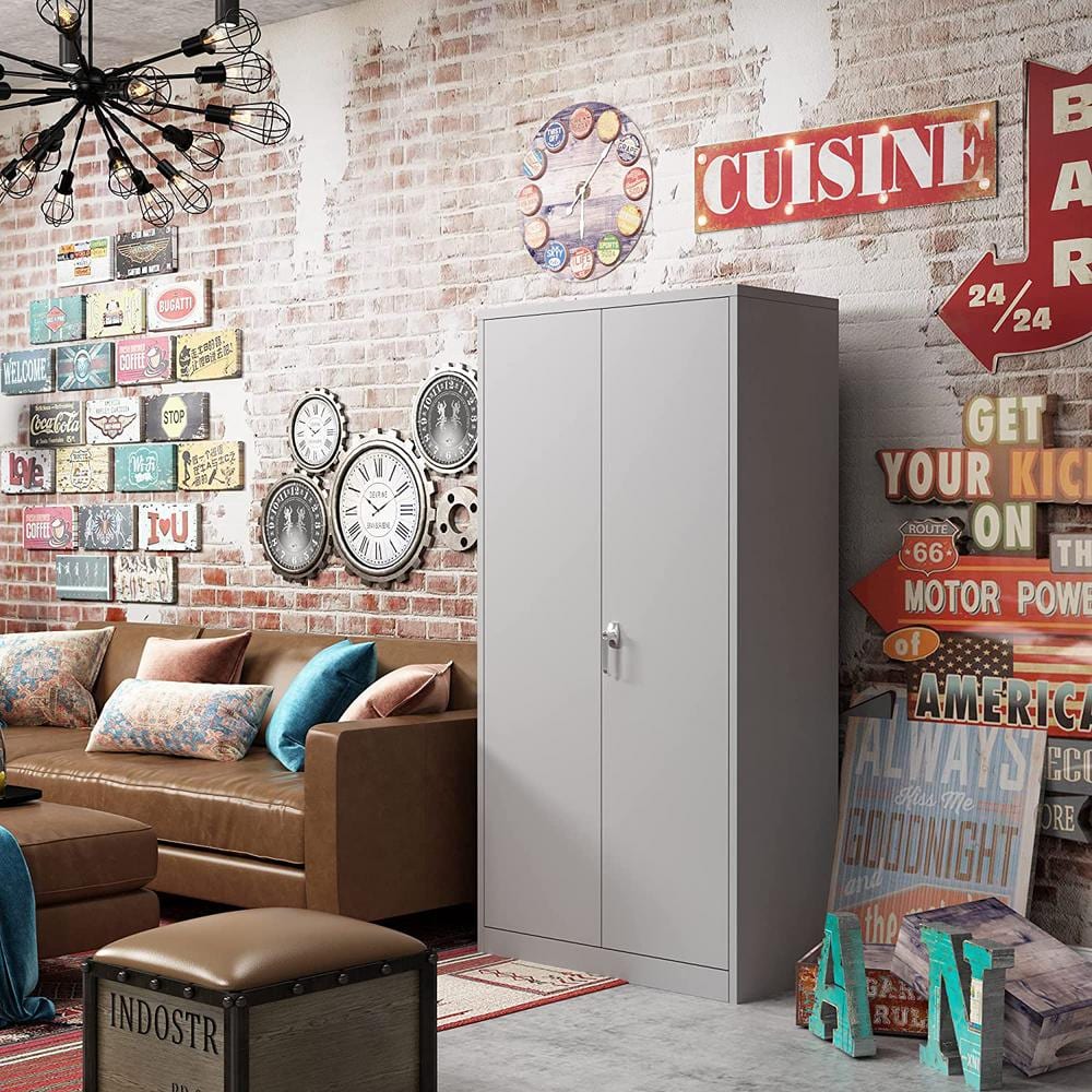 Gray 72 Inch Lockable Office Storage Cabinet with Adjustable Shelves