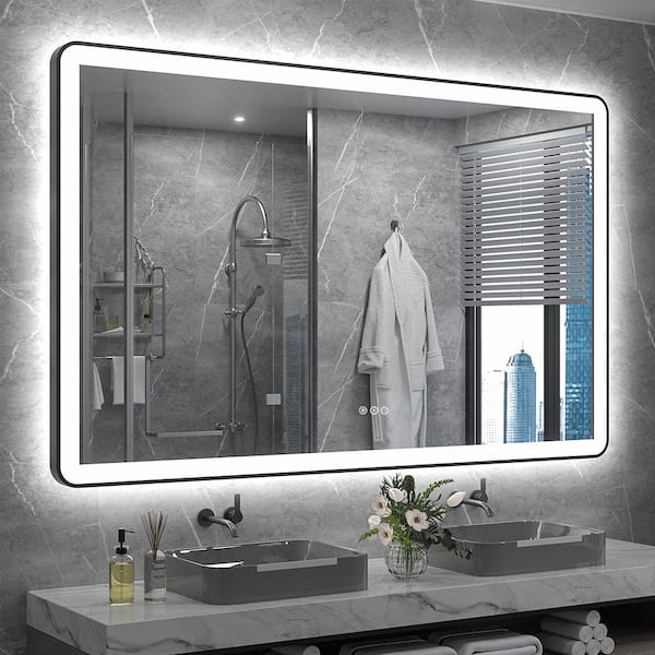 Apmir 60 in. W x 40 in. H Rectangular Framed Front & Back LED Lighted Anti-Fog Wall Bathroom Vanity Mirror in Tempered Glass
