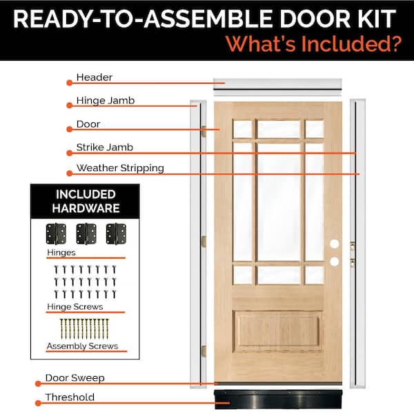 DIY RTA KIT 36in.x80in. Prairie Hemlock Left-Hand/Inswing 9Lite Clear Glass Unfinished Wood Ready To Assemble Front Door