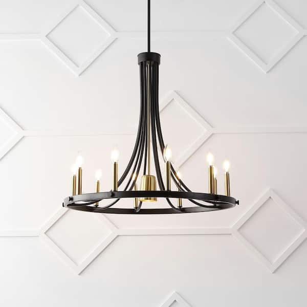 Dante 30" 11-Light Transitional Modern Iron Adjustable Wagon Wheel LED Chandelier with Downlight, Black/Brass Gold