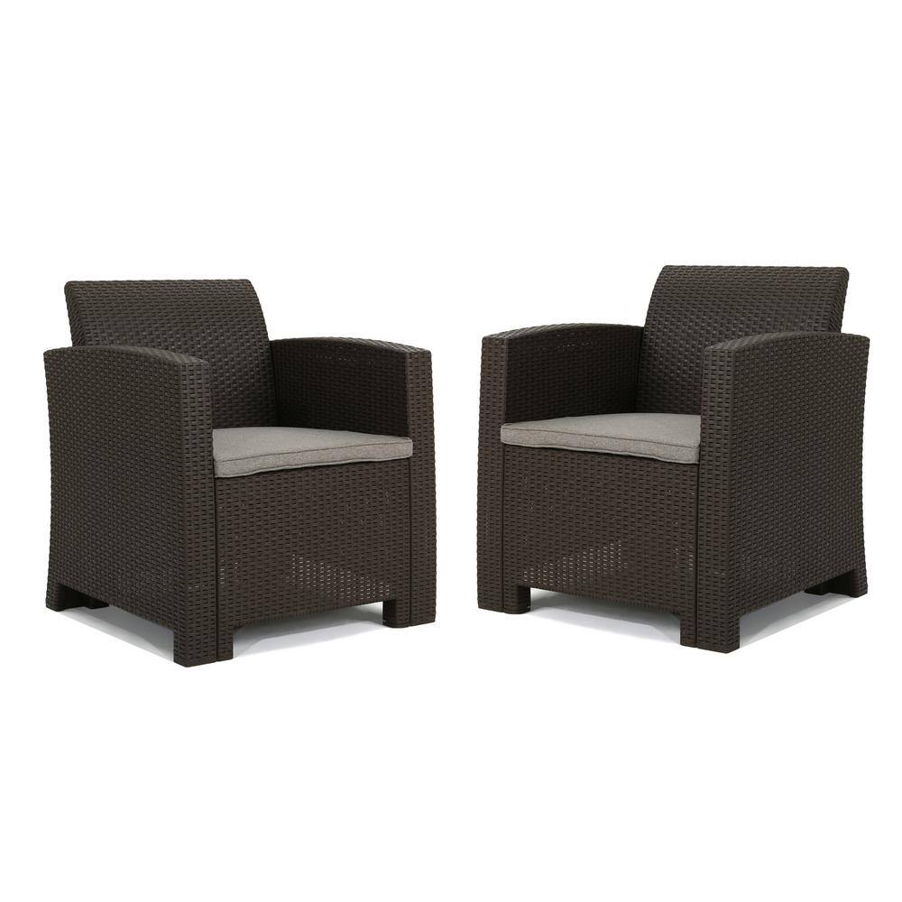 Set of 2 Brown Plastic Lounge Chairs with Mixed Beige Cushions