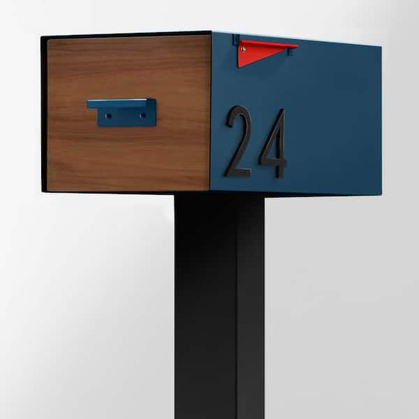 The Malone Color Series-Large Blue Malone Post Mounted Mailbox with Black Post and Sublimated Wood Door