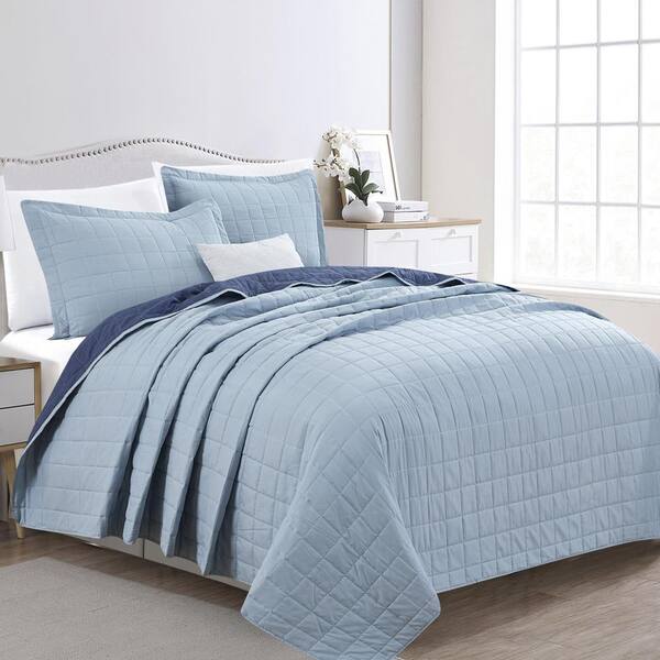 FRESHFOLDS Blue Two-Toned Reversible Box Stitched King Microfiber 3-Piece Quilt Set Bedspread