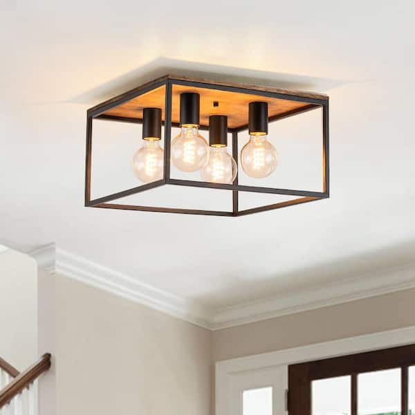 Y'INSP 14.57 in. 4-Light Modern Farmhouse Matte Black Flush Mount Ceiling Fixture with Metal Frame and No Bulbs Included