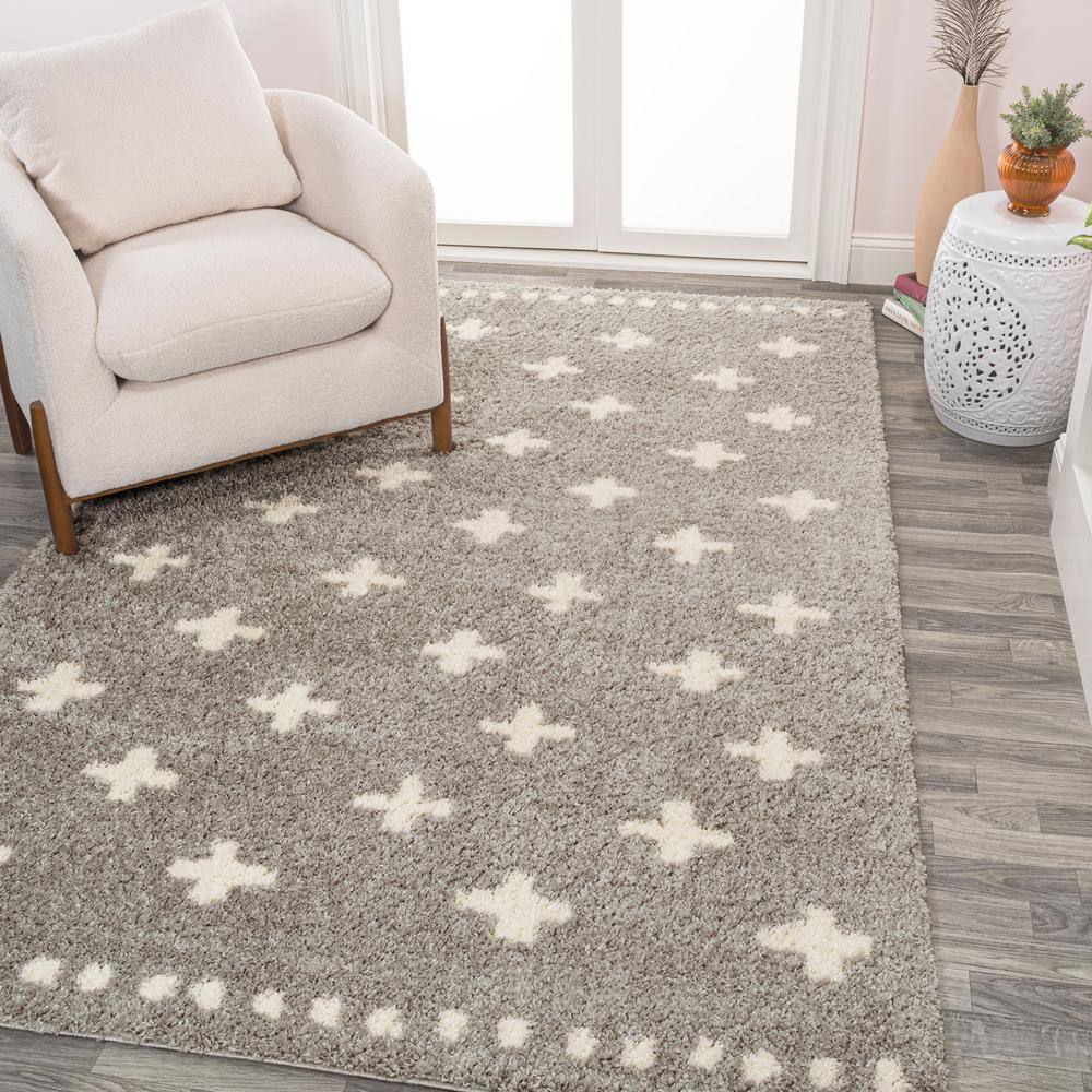 Gray and Ivory Geometric Shag Area Rug, 3x5 Feet
