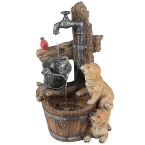 Resin Puppies and Water Pump Outdoor Patio Cascade Fountain with LED Light