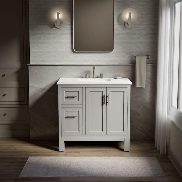Quo 37in. Single Sink Freestanding Mohair Grey Bath Vanity with White Quartz Top Assembled
