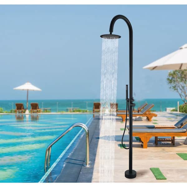 Outdoor Exposed Shower Faucet Single-Handle Freestanding Tub Faucet with Hand Shower in Matte Black
