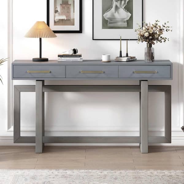 Polibi 57 in. Antique Gray Rectangle Wood Console Table with 3 Drawers, Extra Long Entryway Table