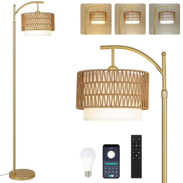 73 in. Gold 1-Light Dimmable Lantern Floor Lamp with Rattan Shade and Dimmable Bulb Included