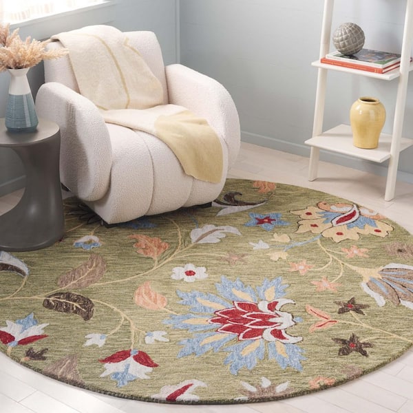 Jardin 3 ft. x 3 ft. Green/Blue Leaf Flower Round Area Rug