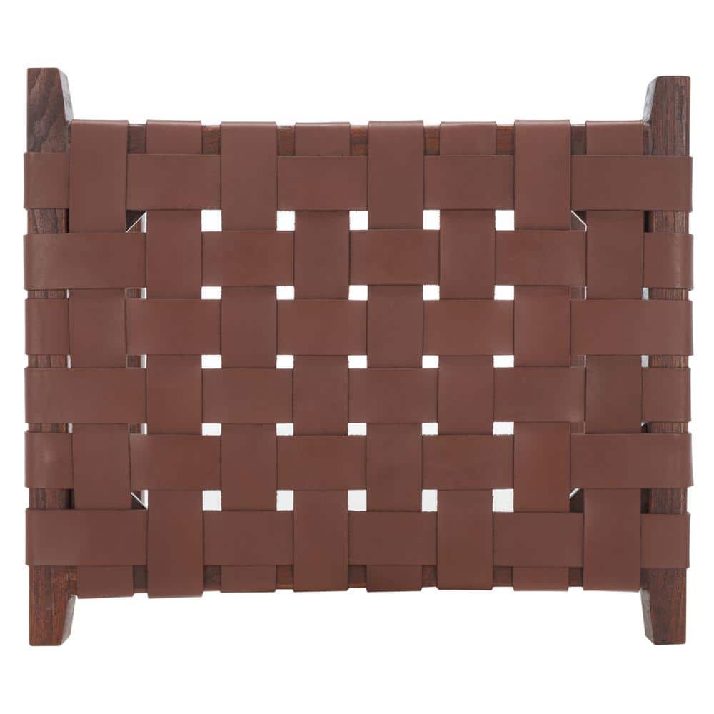 Cognac Woven Leather and Walnut Wood Backless Counter Stool