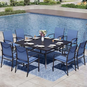 Black 9-Piece Metal Patio Outdoor Dining Set with Slat Square Table and Blue Textilene Chairs