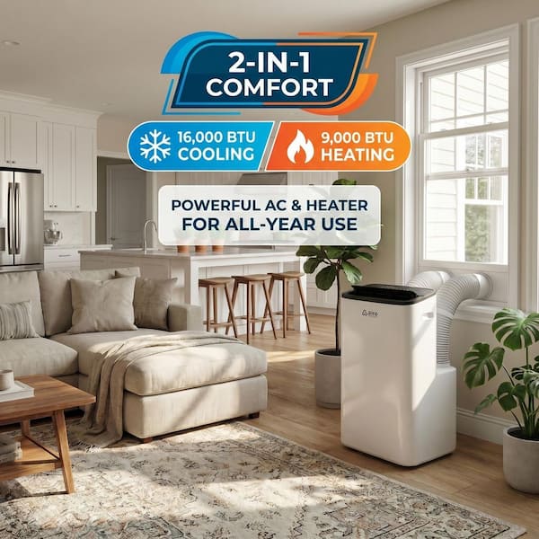 16,000 BTU (12,000 BTU DOE) Portable Air Conditioner and Heater Dual Hose for 850 sq. ft. with Dehumidifier, DIY Kit