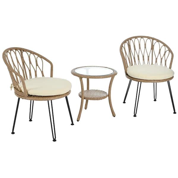 Sudzendf 3-Piece Natural Metal Patio Conversation Set, Outdoor Leisure Set with Beige Cushions and Glass Round Table