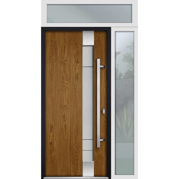 VDOMDOORS 48 in. x 96 in. Left-Hand/Inswing Sidelight Transom Frosted Glass Oak Steel Prehung Front Door with Hardware