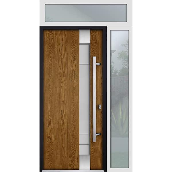 VDOMDOORS 50 in. x 96 in. Left-Hand/Inswing Sidelight Transom Frosted Glass Oak Steel Prehung Front Door with Hardware