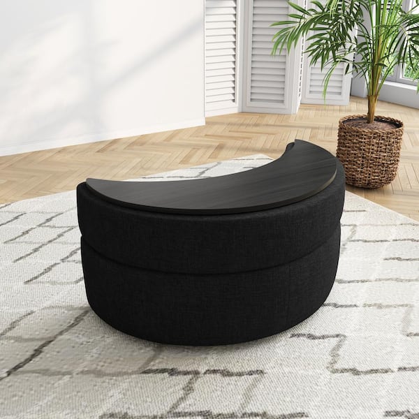 Uixe Modern Black Chenille Half Crescent Moon Storage Ottoman (Set of 1)