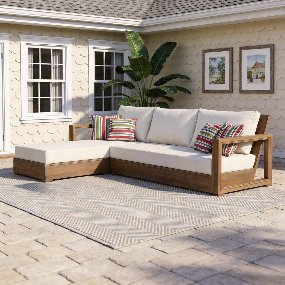 Celine Brown 2-Piece Acacia Wood Outdoor Patio Conversation Floor Seating Set with Beige Cushions price history on PriceWatchPro
