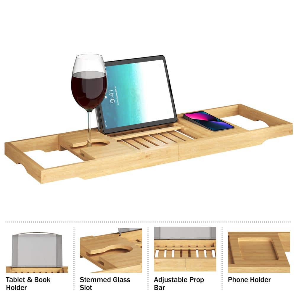 Bamboo Adjustable Freestanding Bathtub Tray with Cup Holder