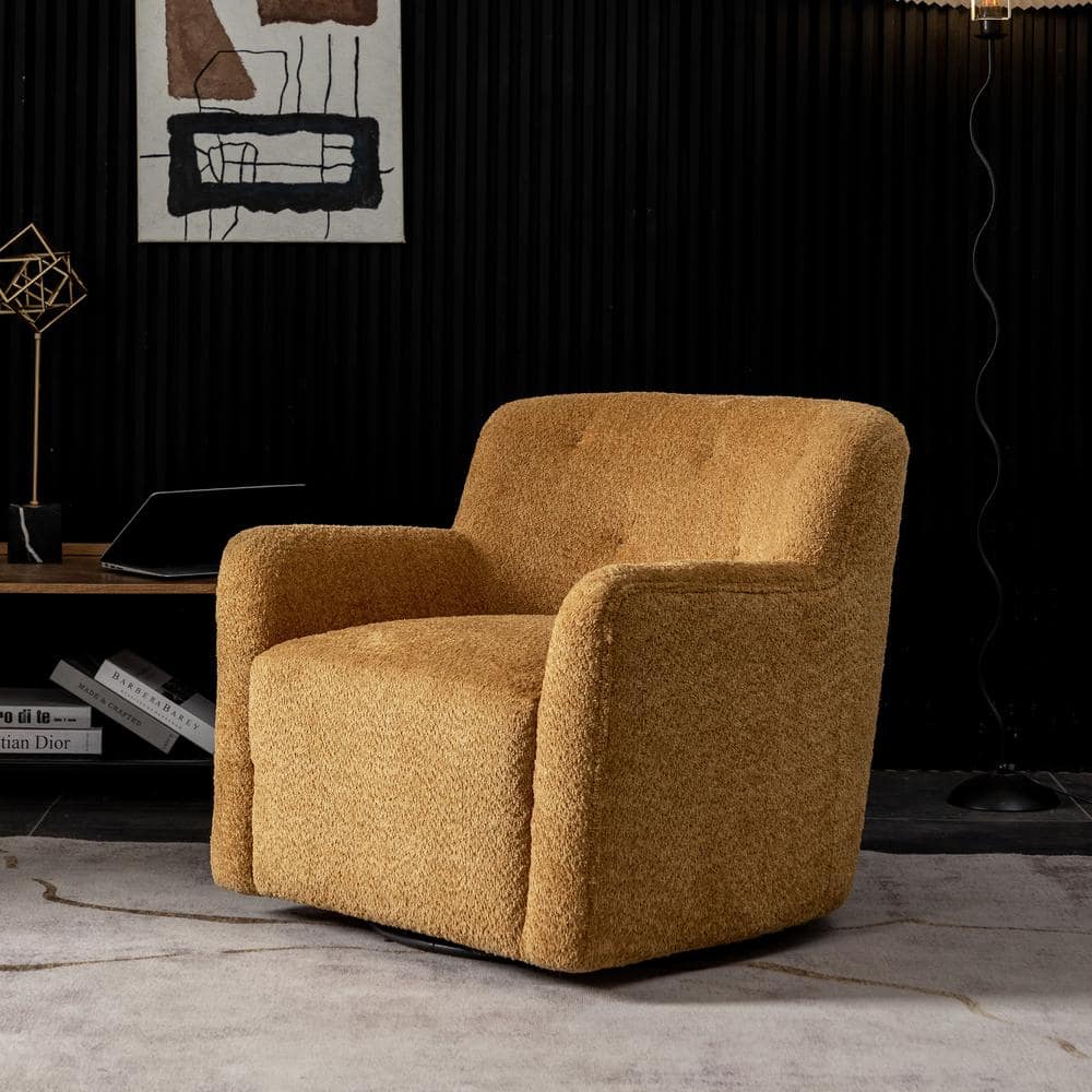 Camel Chenille Upholstered Swivel Barrel Accent Chair