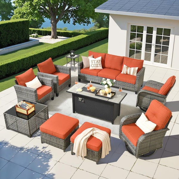 Scarlet 10-Piece Wicker Outdoor Fire Pit Patio Conversation Sofa Set with Swivel Chairs, a LED Table and Red Cushions