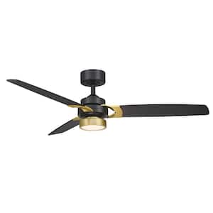 Amped 52 in. LED Indoor Black and Brushed Satin Brass Ceiling Fan with Black Blades and Light Kit