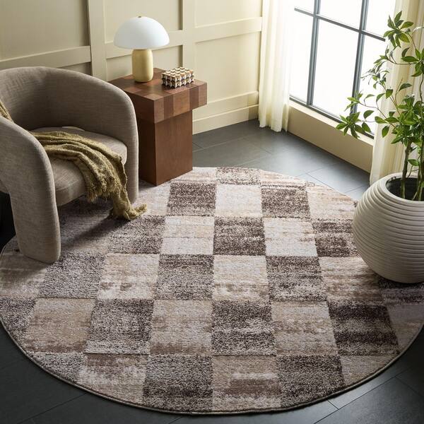 Wave 7 ft. x 7 ft. Beige/Gray Check Round Rug