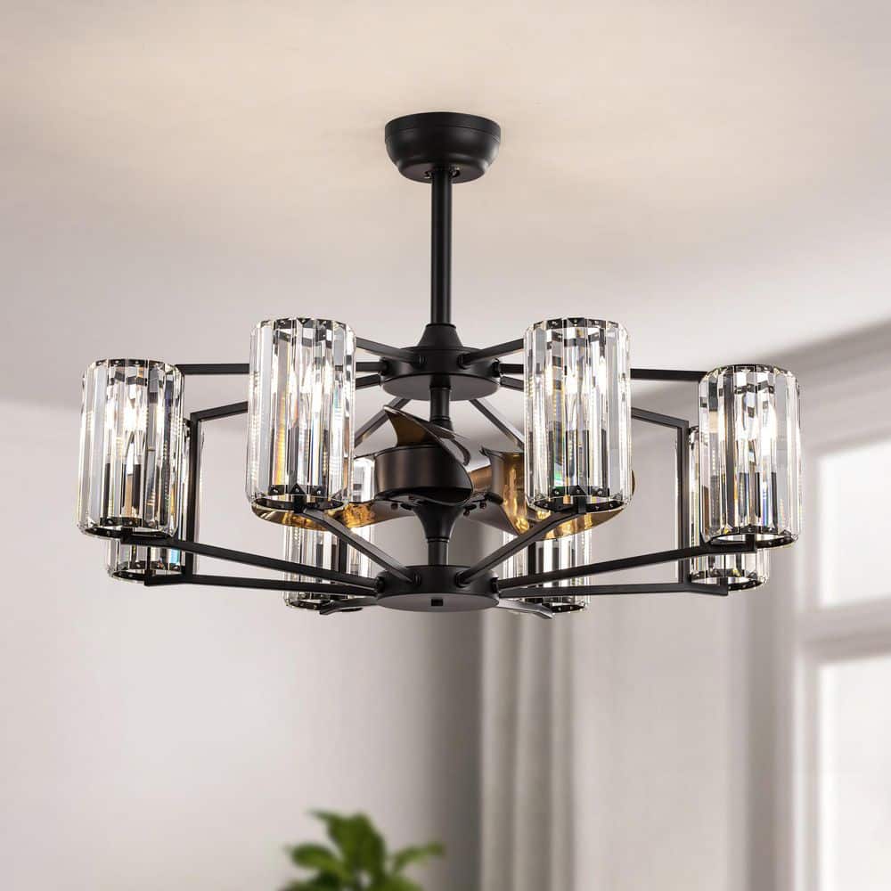 36 in. Indoor 8-Light Black Farmhouse Caged Crystal Chandelier Ceiling Fan with Light and Remote Control for Living Room