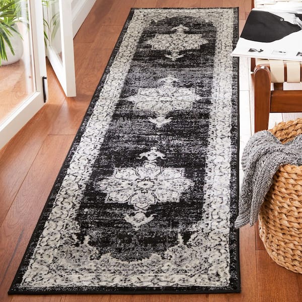 Brentwood 2 ft. x 9 ft. Ivory/Black Medallion Floral Border Runner Rug